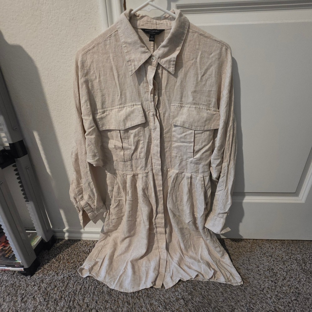 Banana Republic Linen Blend Utility Shirt Dress Tan Oatmeal Small Long Sleeve - Picture 2 of 6